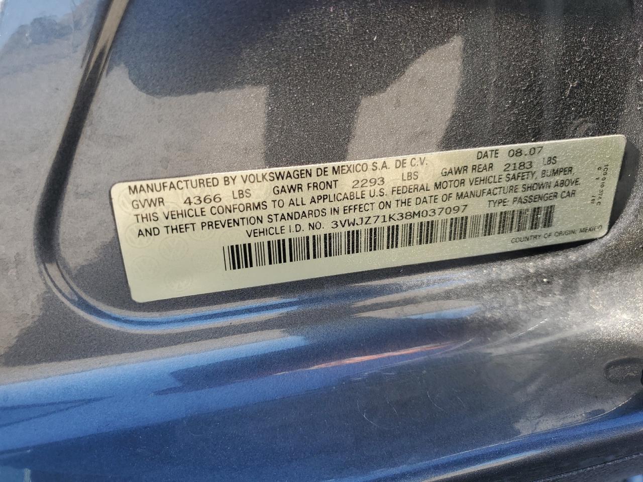 3VWJZ71K38M037097 2008 Volkswagen Jetta S