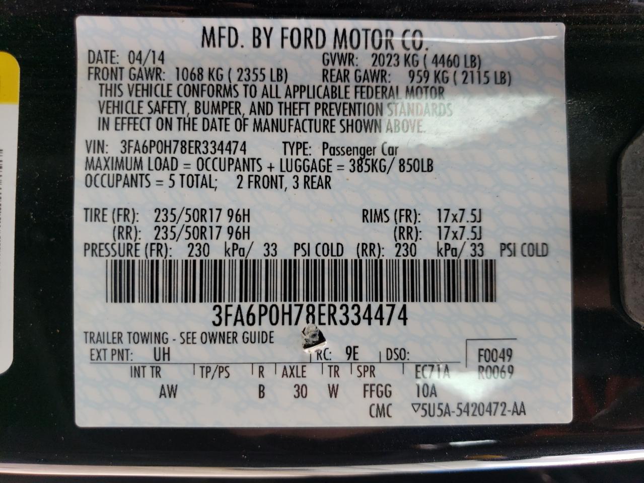 3FA6P0H78ER334474 2014 Ford Fusion Se