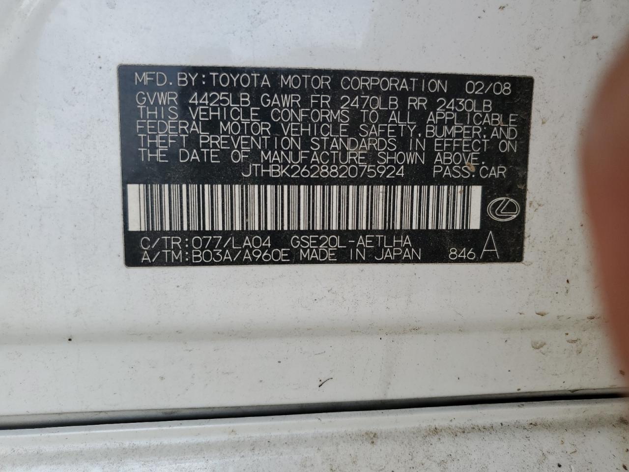 JTHBK262882075924 2008 Lexus Is 250