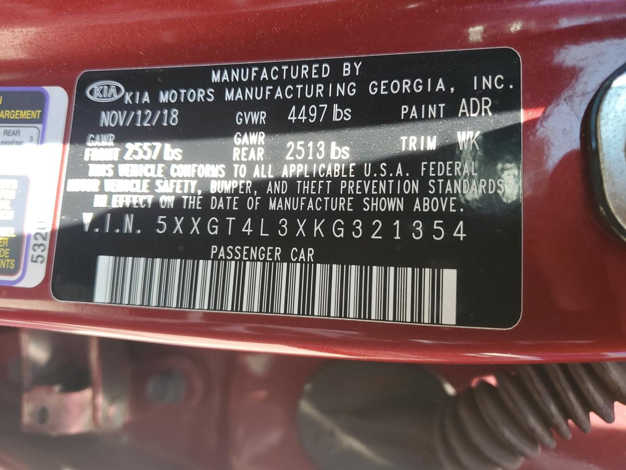 5XXGT4L3XKG321354 2019 Kia Optima Lx