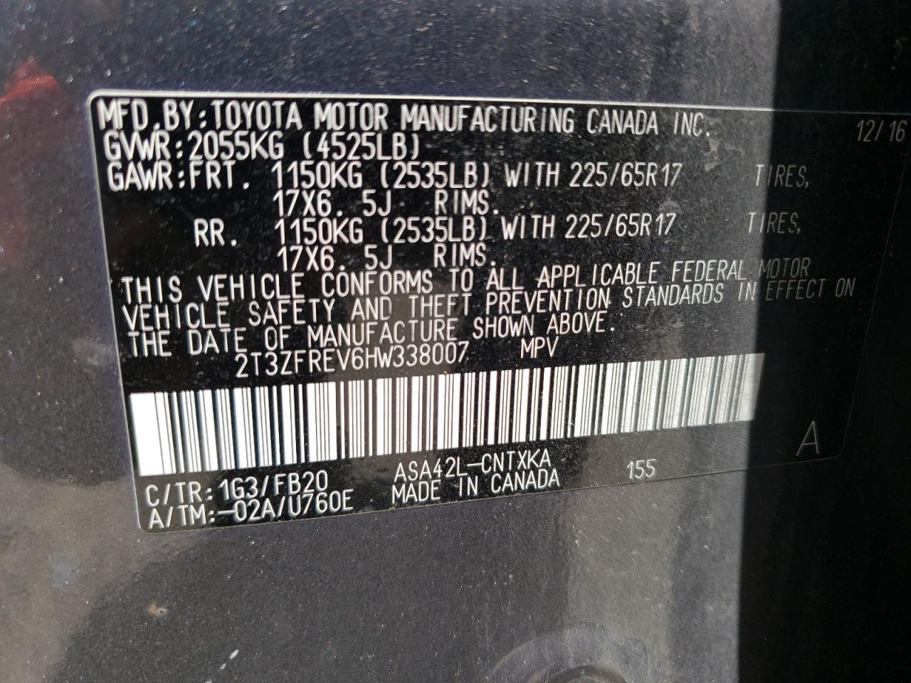 2T3ZFREV6HW338007 2017 Toyota Rav4 Le