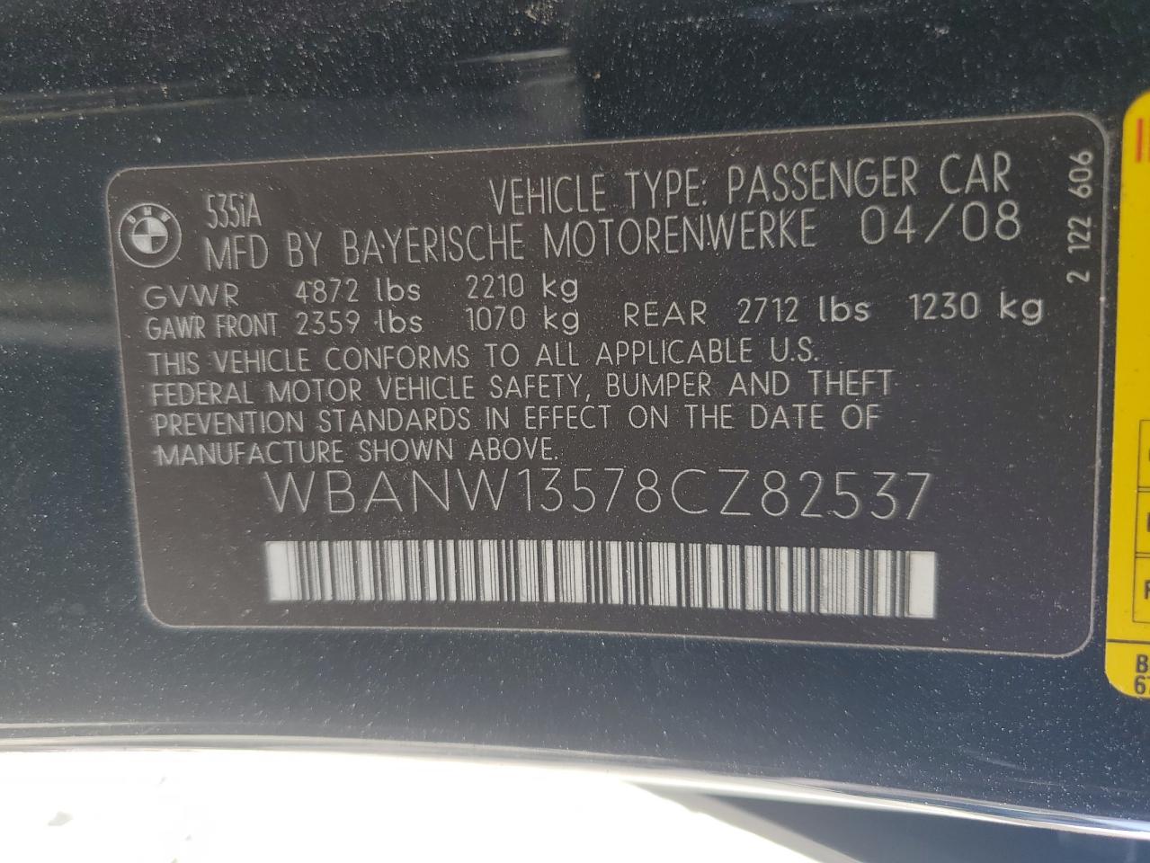 WBANW13578CZ82537 2008 BMW 535 I