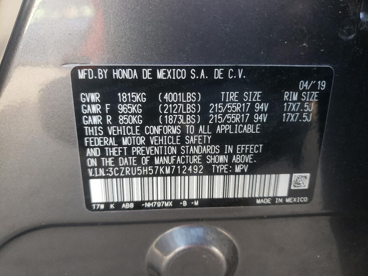 3CZRU5H57KM712492 2019 Honda Hr-V Ex