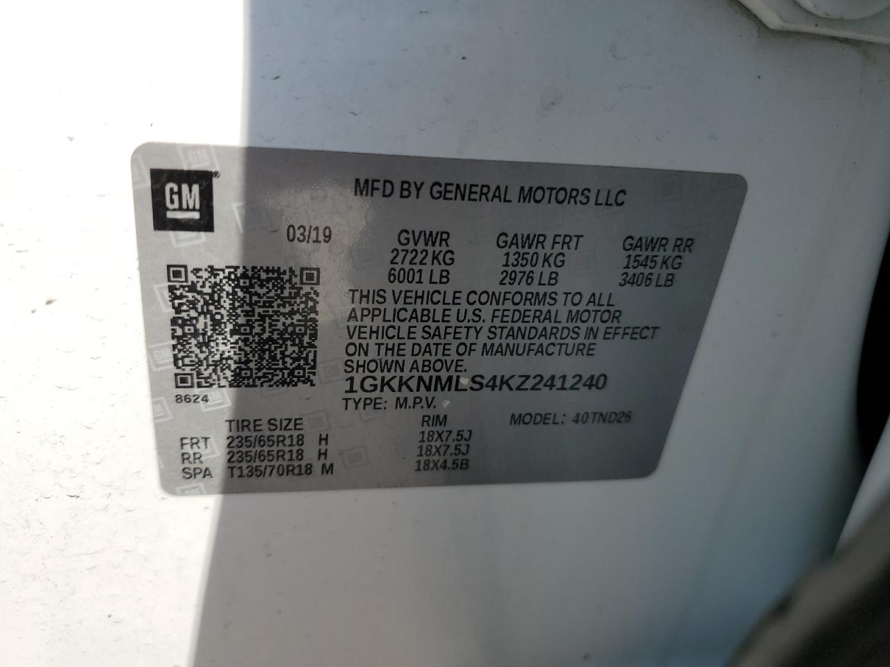 1GKKNMLS4KZ241240 2019 GMC Acadia Slt-1
