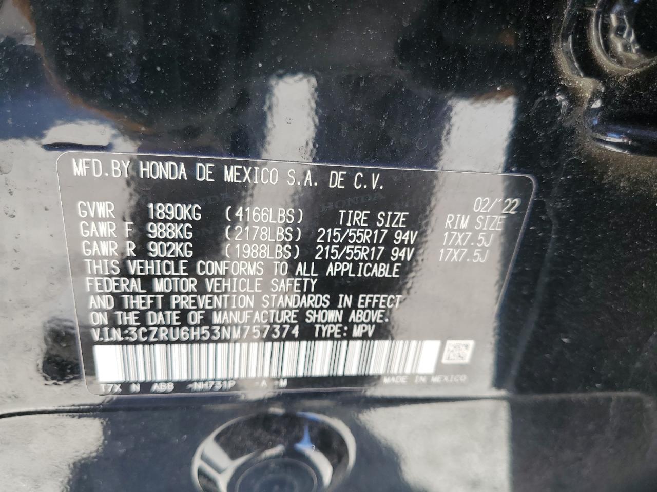 3CZRU6H53NM757374 2022 Honda Hr-V Ex