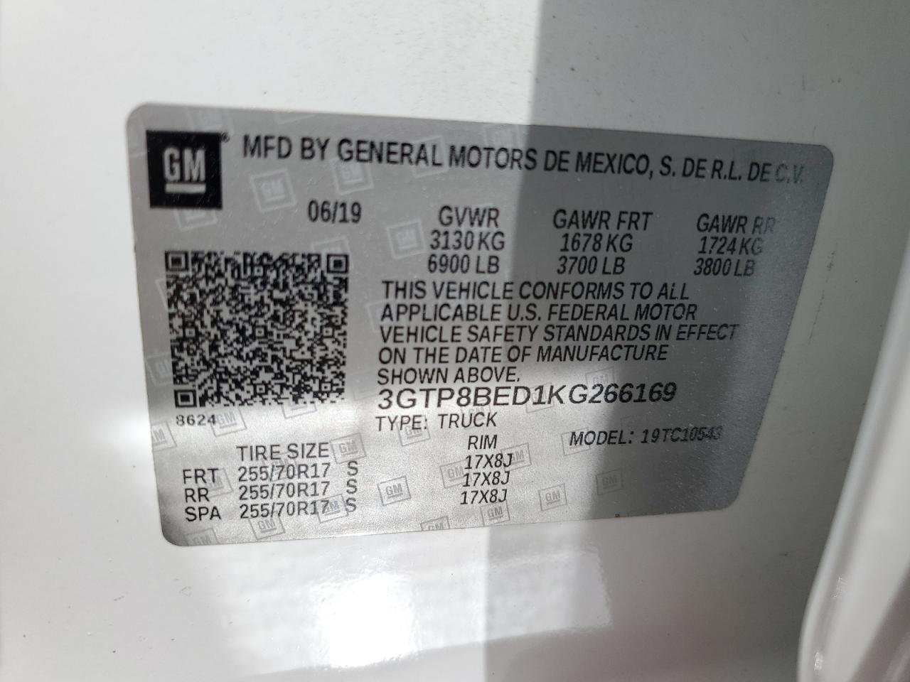 3GTP8BED1KG266169 2019 GMC Sierra C1500 Sle