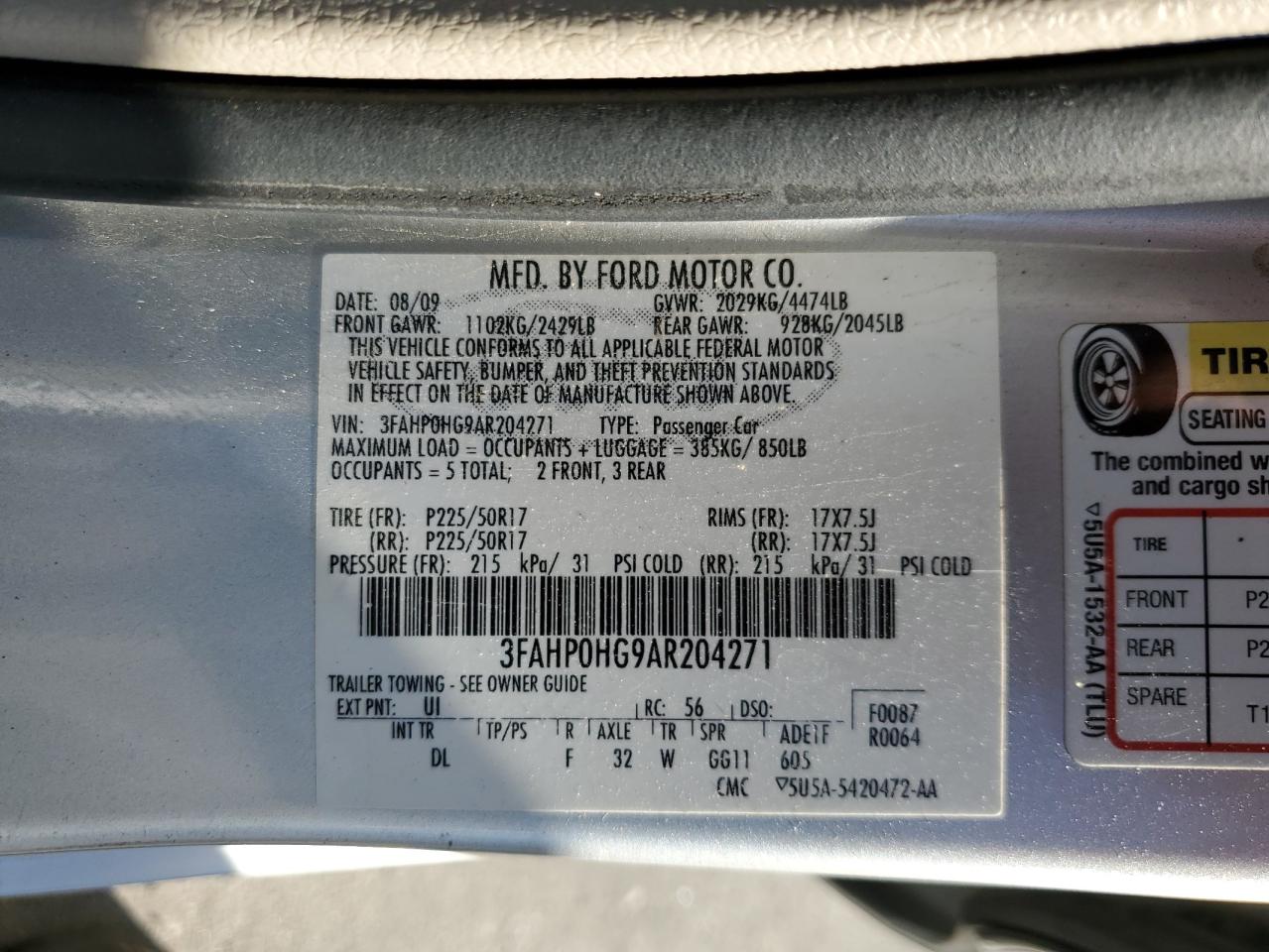 3FAHP0HG9AR204271 2010 Ford Fusion Se