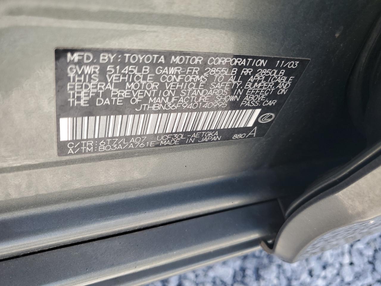 JTHBN36F940140995 2004 Lexus Ls 430