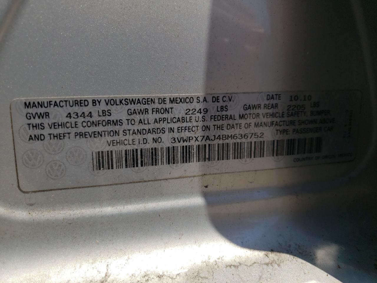 3VWPX7AJ4BM636752 2011 Volkswagen Jetta S