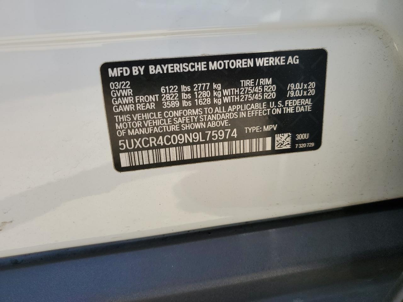 5UXCR4C09N9L75974 2022 BMW X5 Sdrive 40I