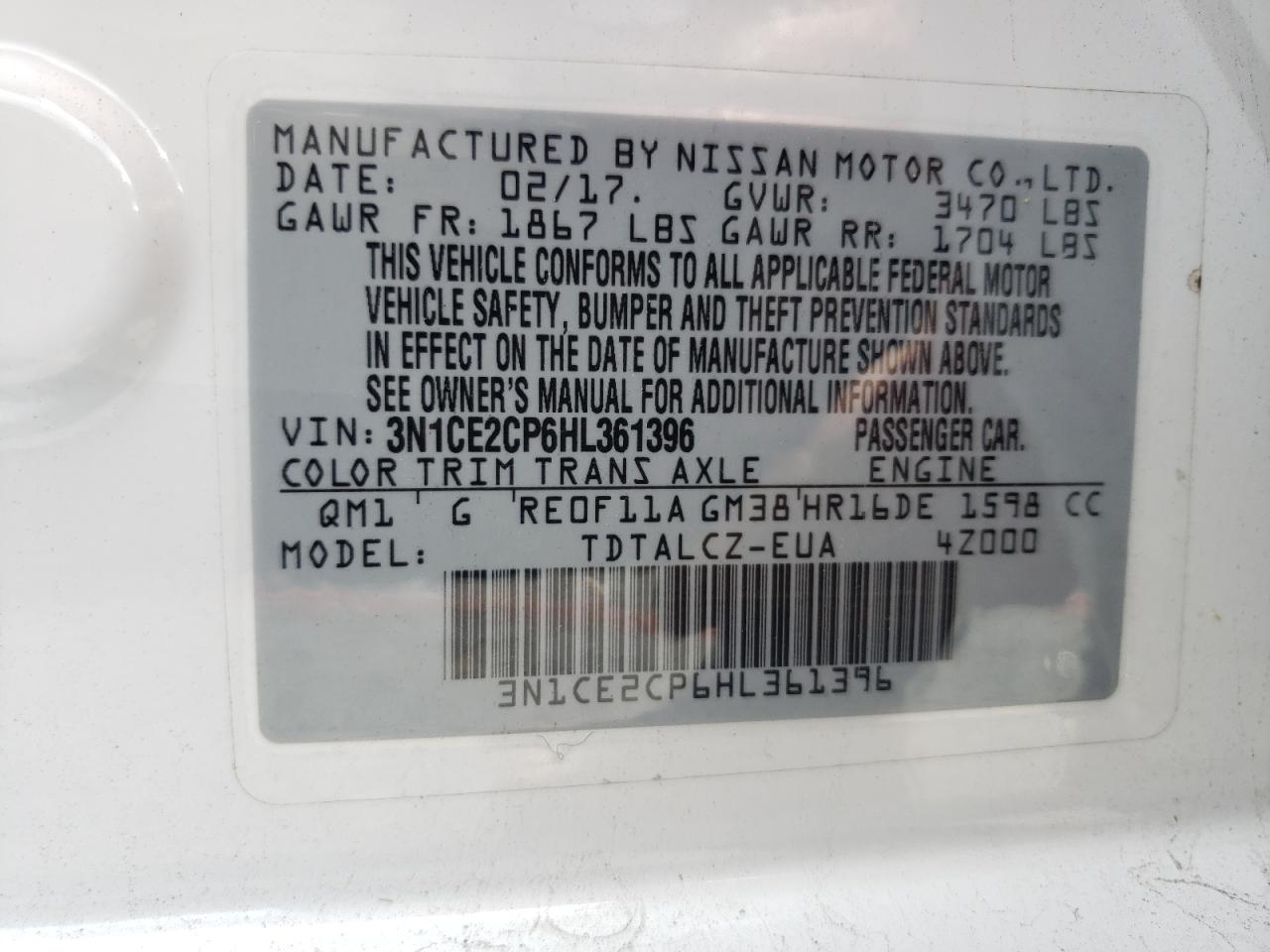 3N1CE2CP6HL361396 2017 Nissan Versa Note S