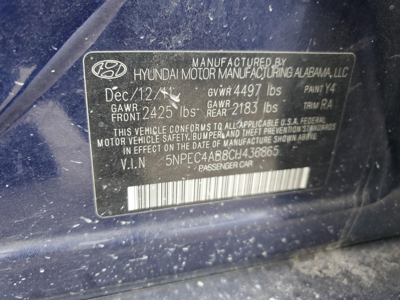 Lot #2835356020 2012 HYUNDAI SONATA SE