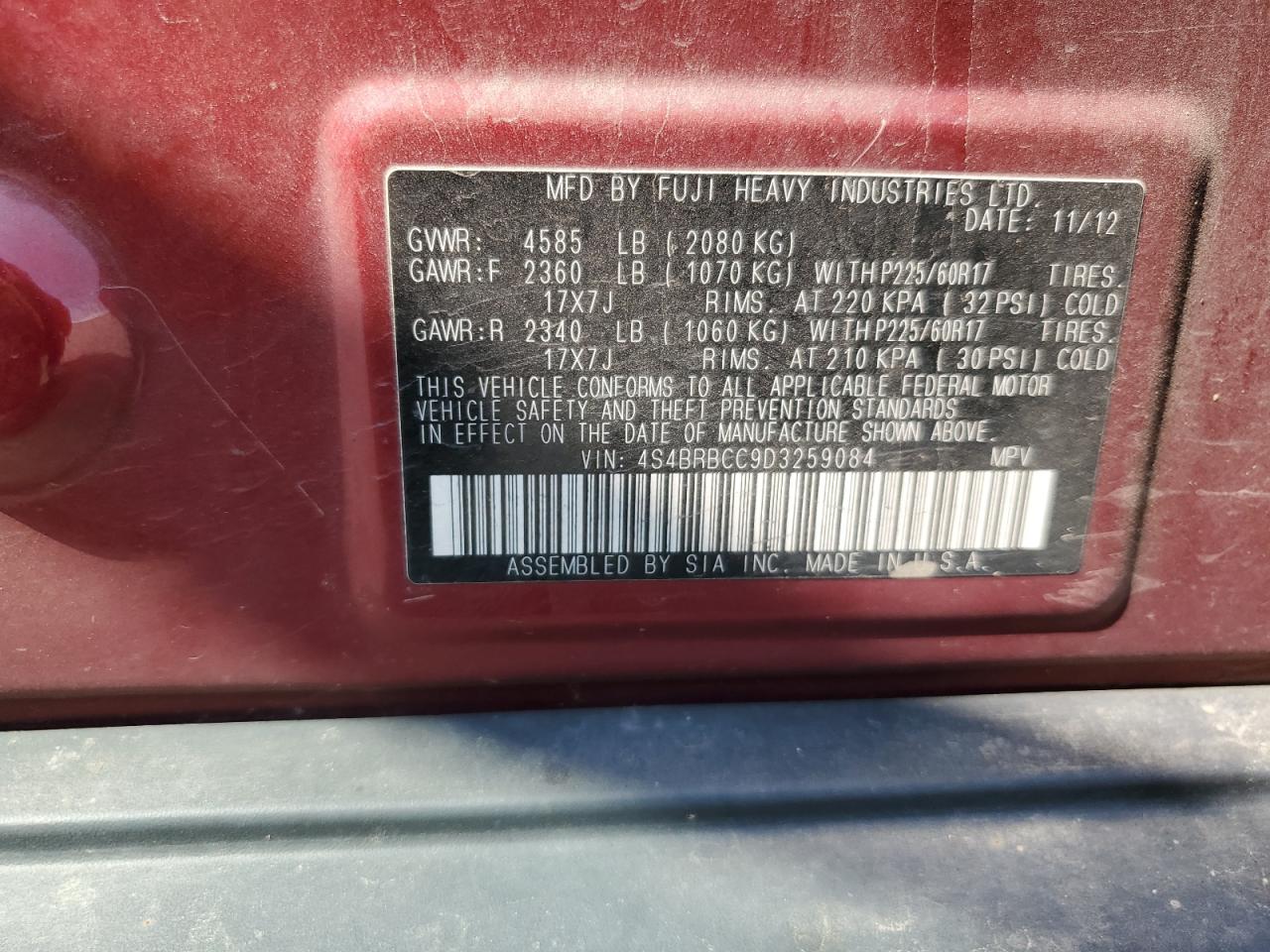 4S4BRBCC9D3259084 2013 Subaru Outback 2.5I Premium