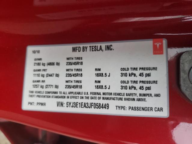 2018 Tesla Model 3 VIN: 5YJ3E1EA3JF058449 Lot: 61087154