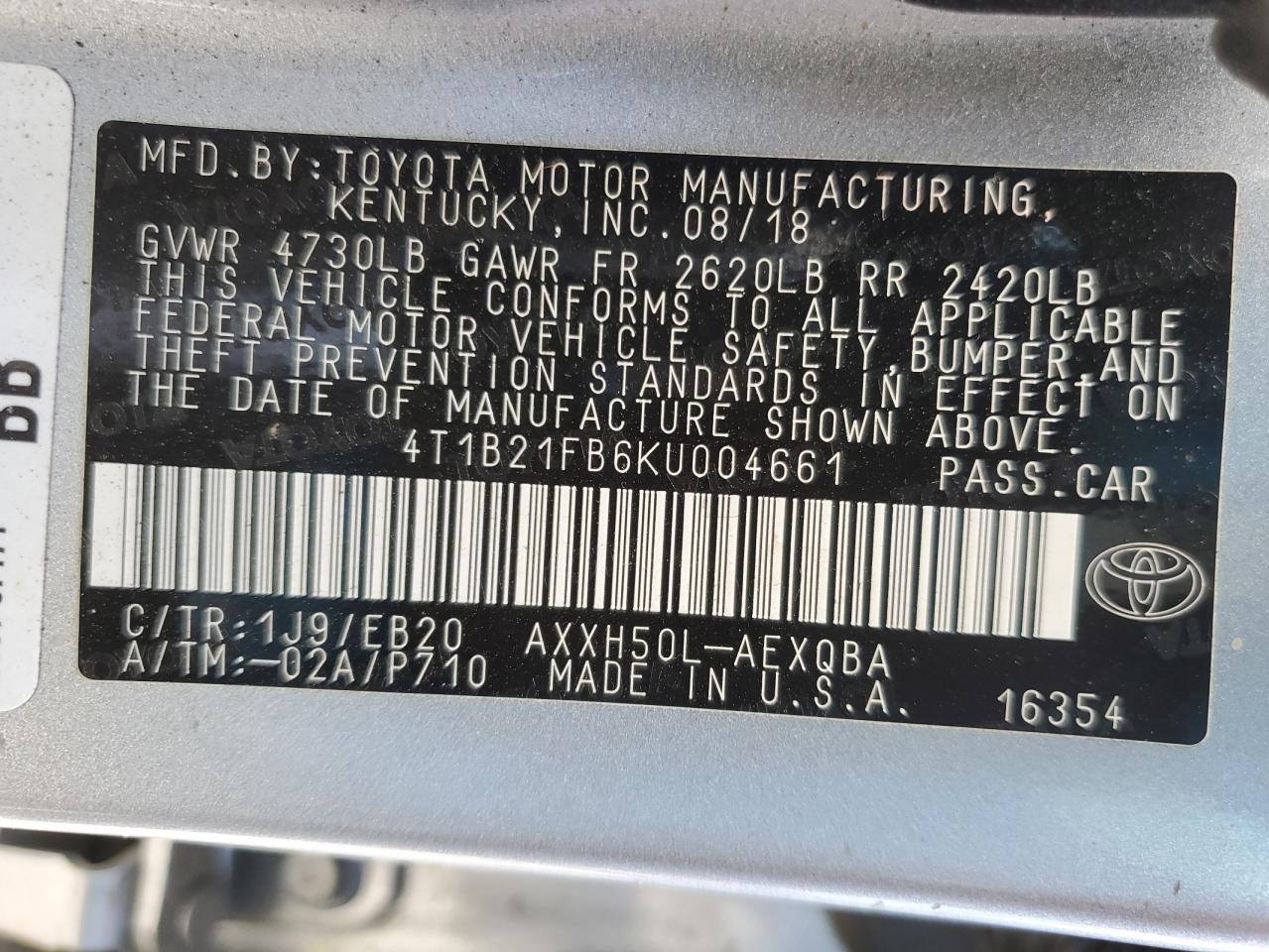 4T1B21FB6KU004661 2019 Toyota Avalon Xle