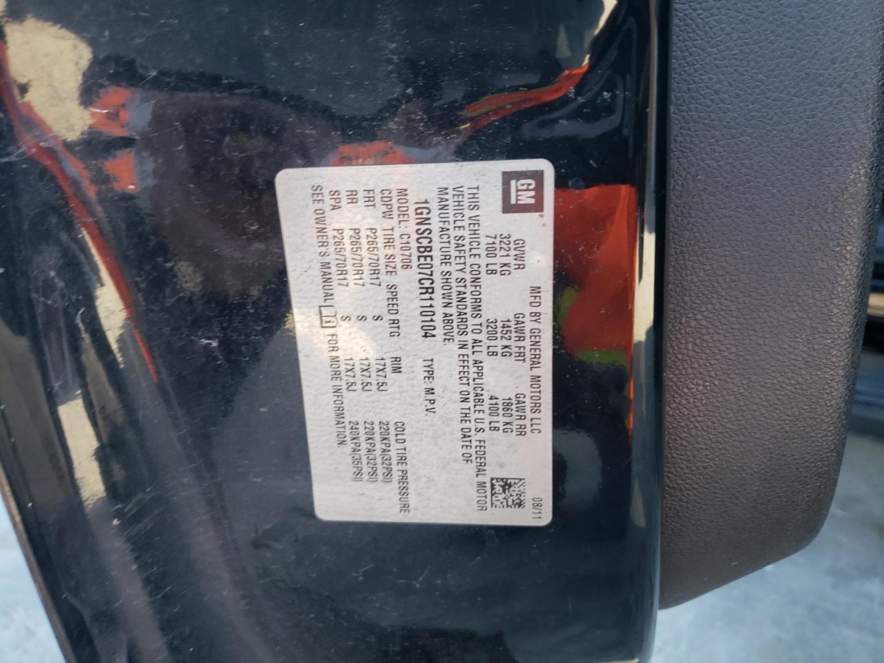 1GNSCBE07CR110104 2012 Chevrolet Tahoe C1500 Lt