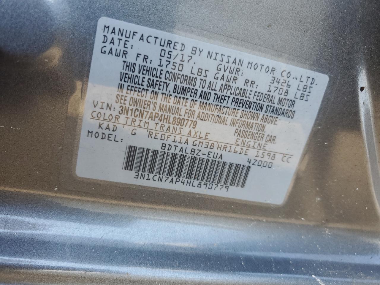 3N1CN7AP4HL890779 NISSAN VERSA 2017