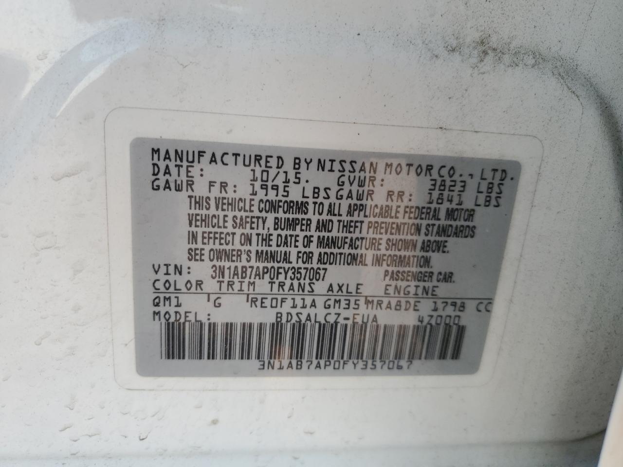 3N1AB7AP0FY357067 2015 Nissan Sentra S