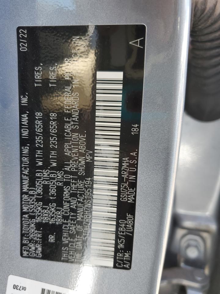 5TDHZRBH7NS195194 2022 Toyota Highlander Xle