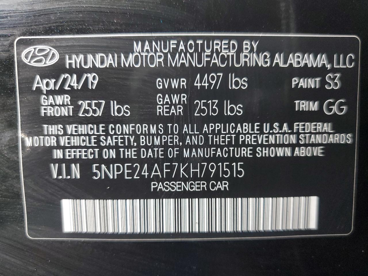 5NPE24AF7KH791515 2019 Hyundai Sonata Se