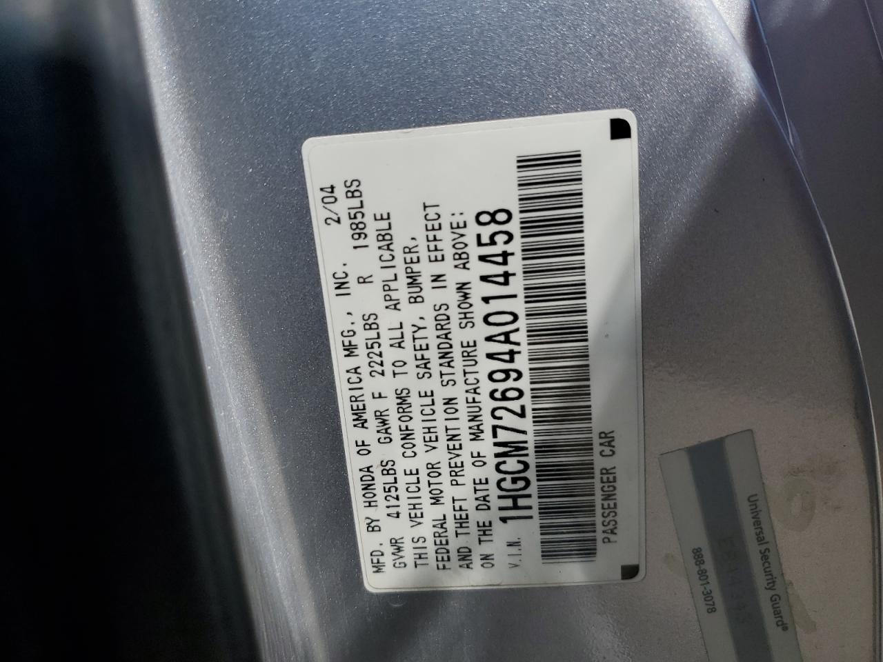 1HGCM72694A014458 2004 Honda Accord Ex
