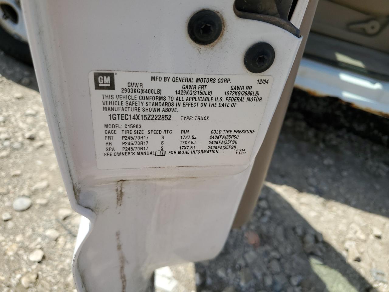 1GTEC14X15Z222852 2005 GMC New Sierra C1500