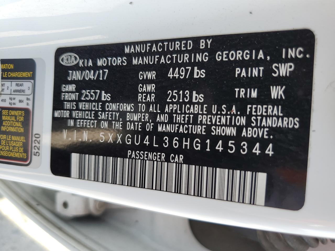 5XXGU4L36HG145344 2017 Kia Optima Ex