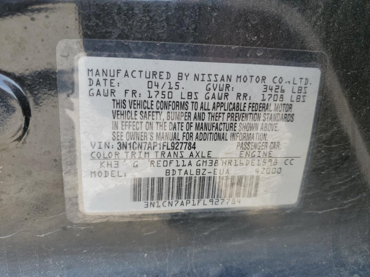 3N1CN7AP1FL927784 2015 Nissan Versa S