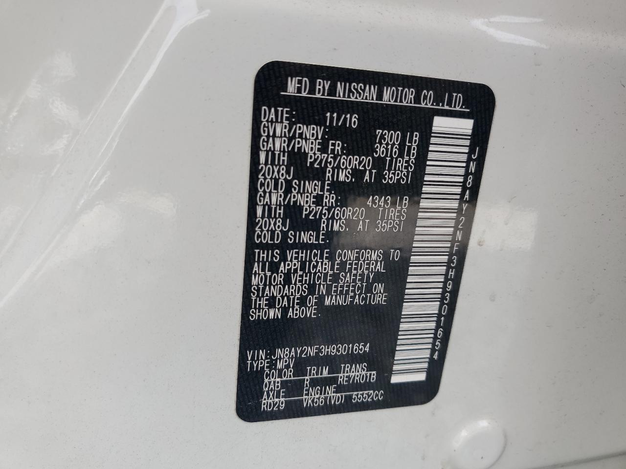 JN8AY2NF3H9301654 2017 Nissan Armada Platinum