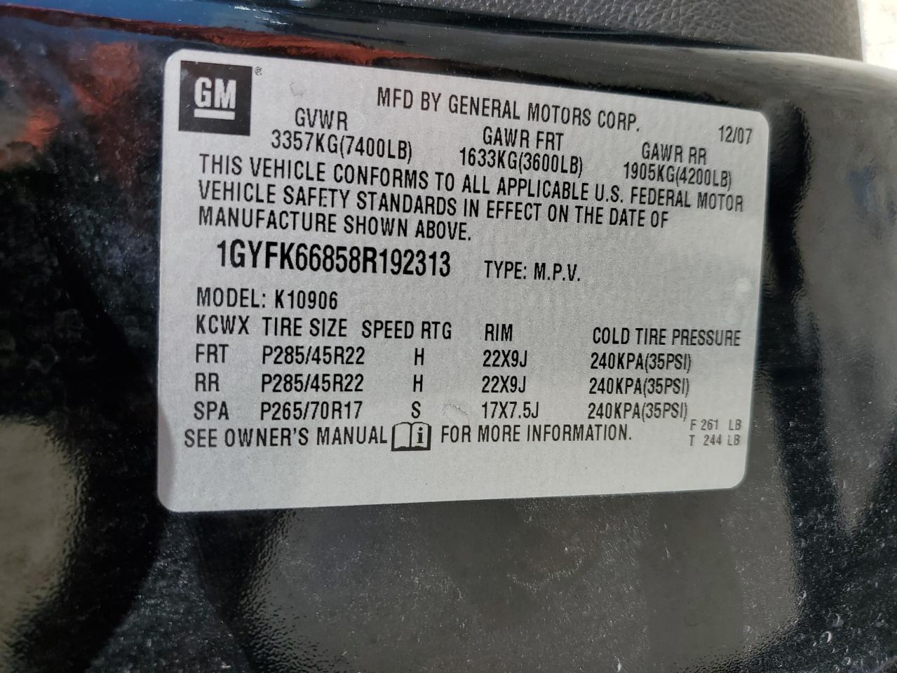 1GYFK66858R192313 2008 Cadillac Escalade Esv