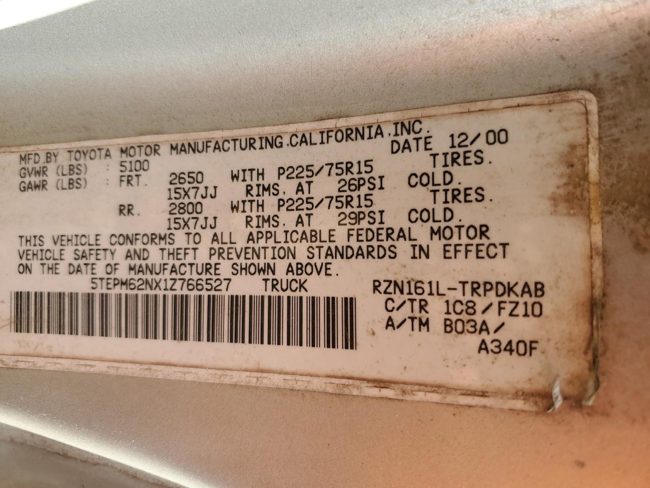 5TEPM62NX1Z766527 2001 Toyota Tacoma