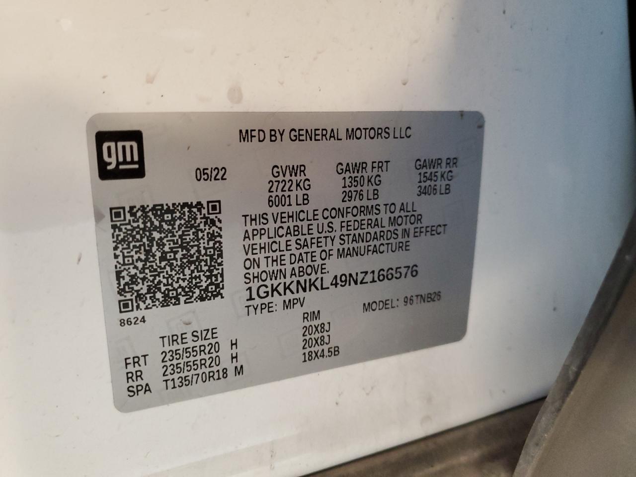 1GKKNKL49NZ166576 2022 GMC Acadia Sle