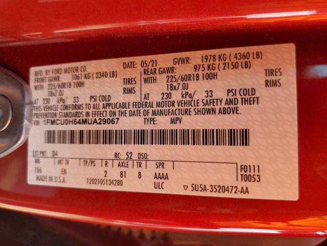 2021 Ford Escape Sel VIN: 1FMCU0H64MUA29067 Lot: 61688494