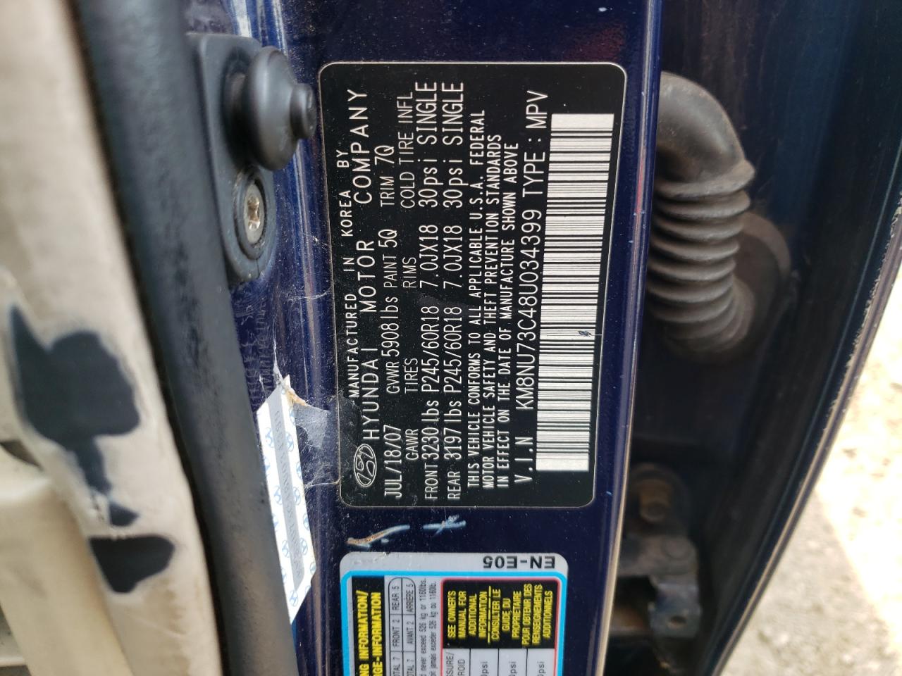 KM8NU73C48U034399 2008 Hyundai Veracruz Gls