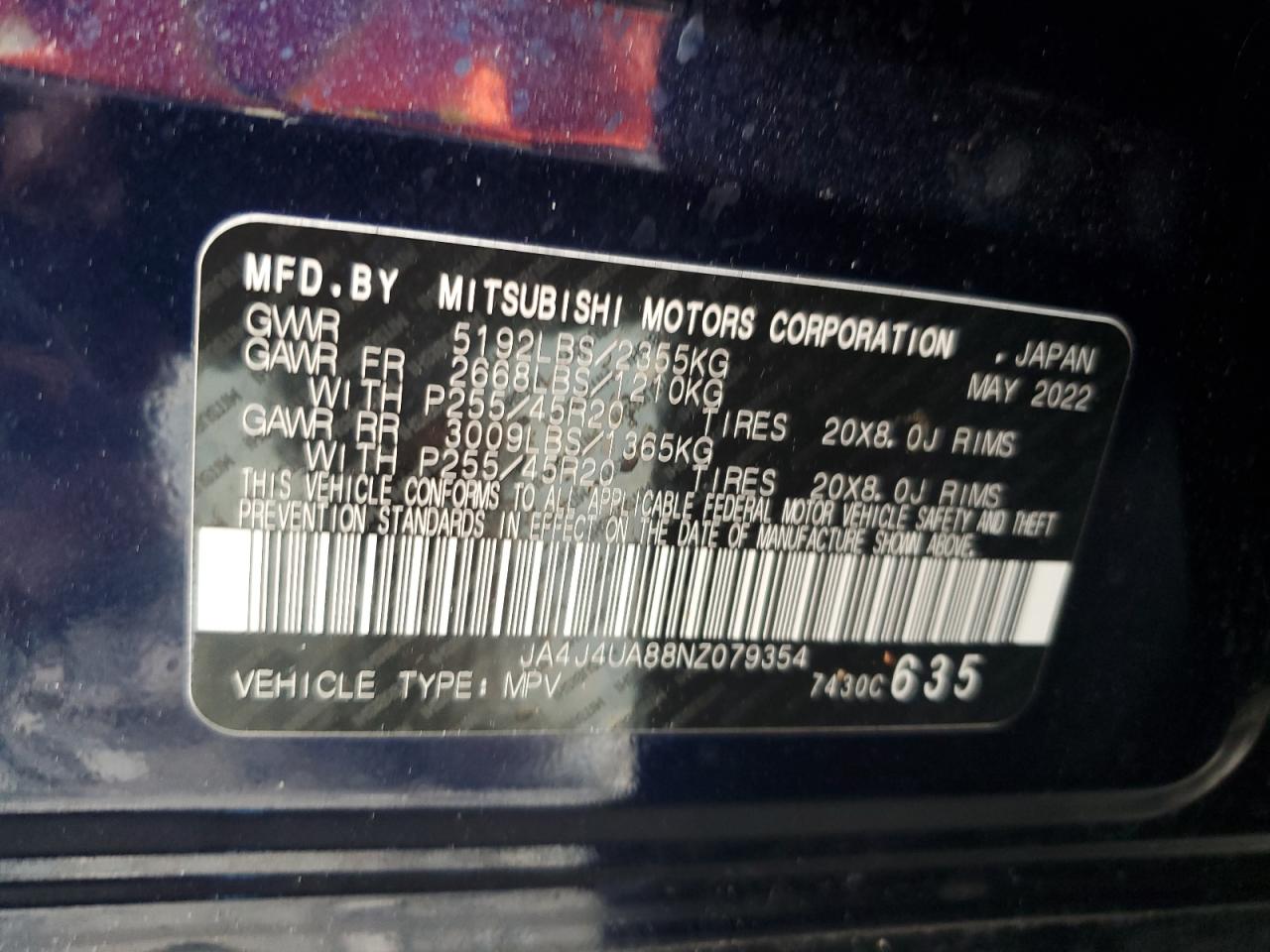 JA4J4UA88NZ079354 2022 Mitsubishi Outlander Se