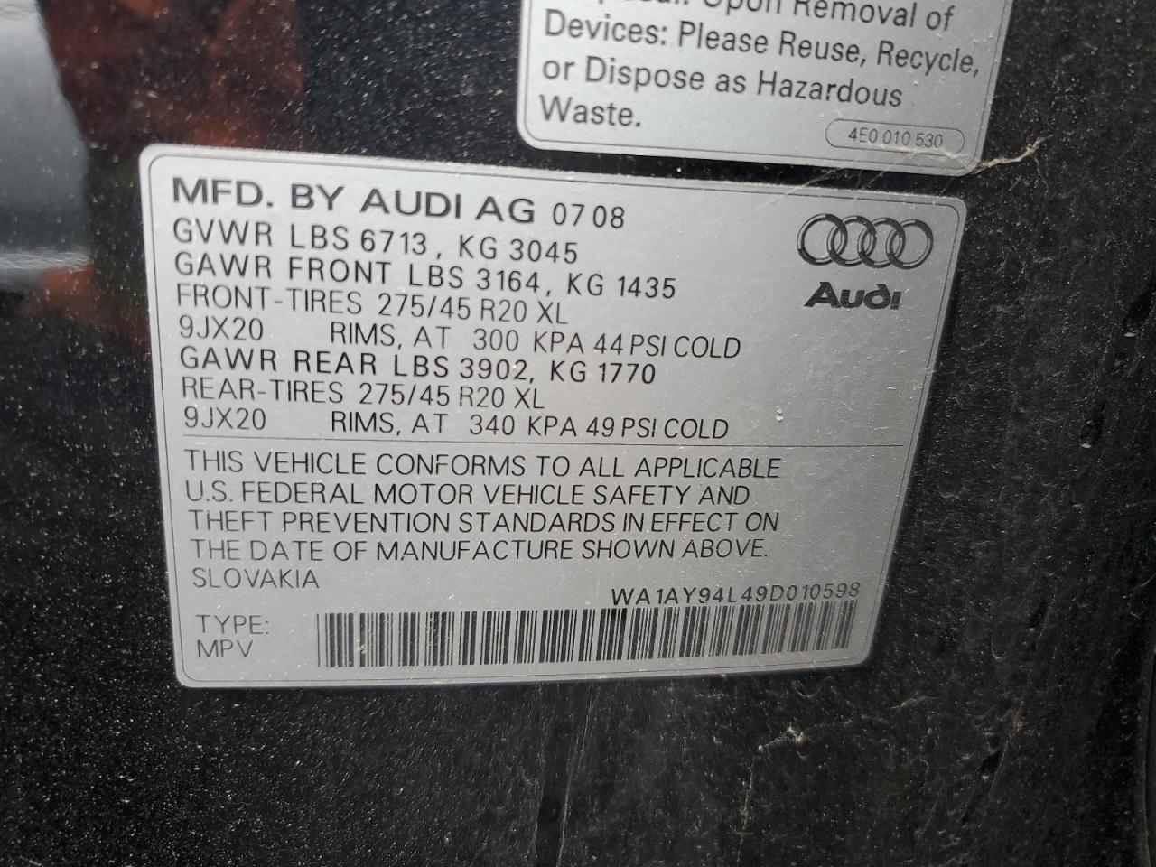 WA1AY94L49D010598 2009 Audi Q7 3.6 Quattro