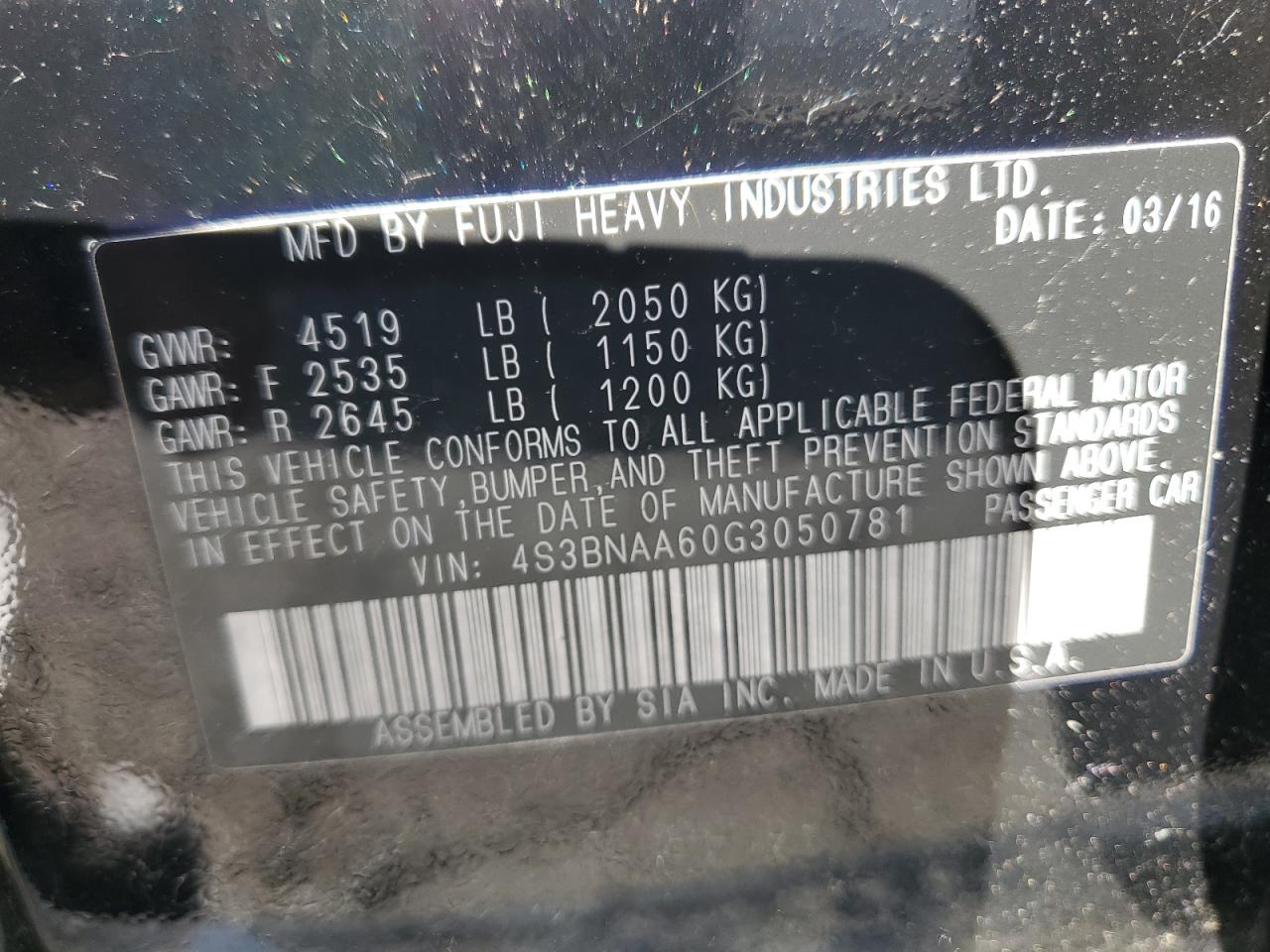 4S3BNAA60G3050781 2016 Subaru Legacy 2.5I