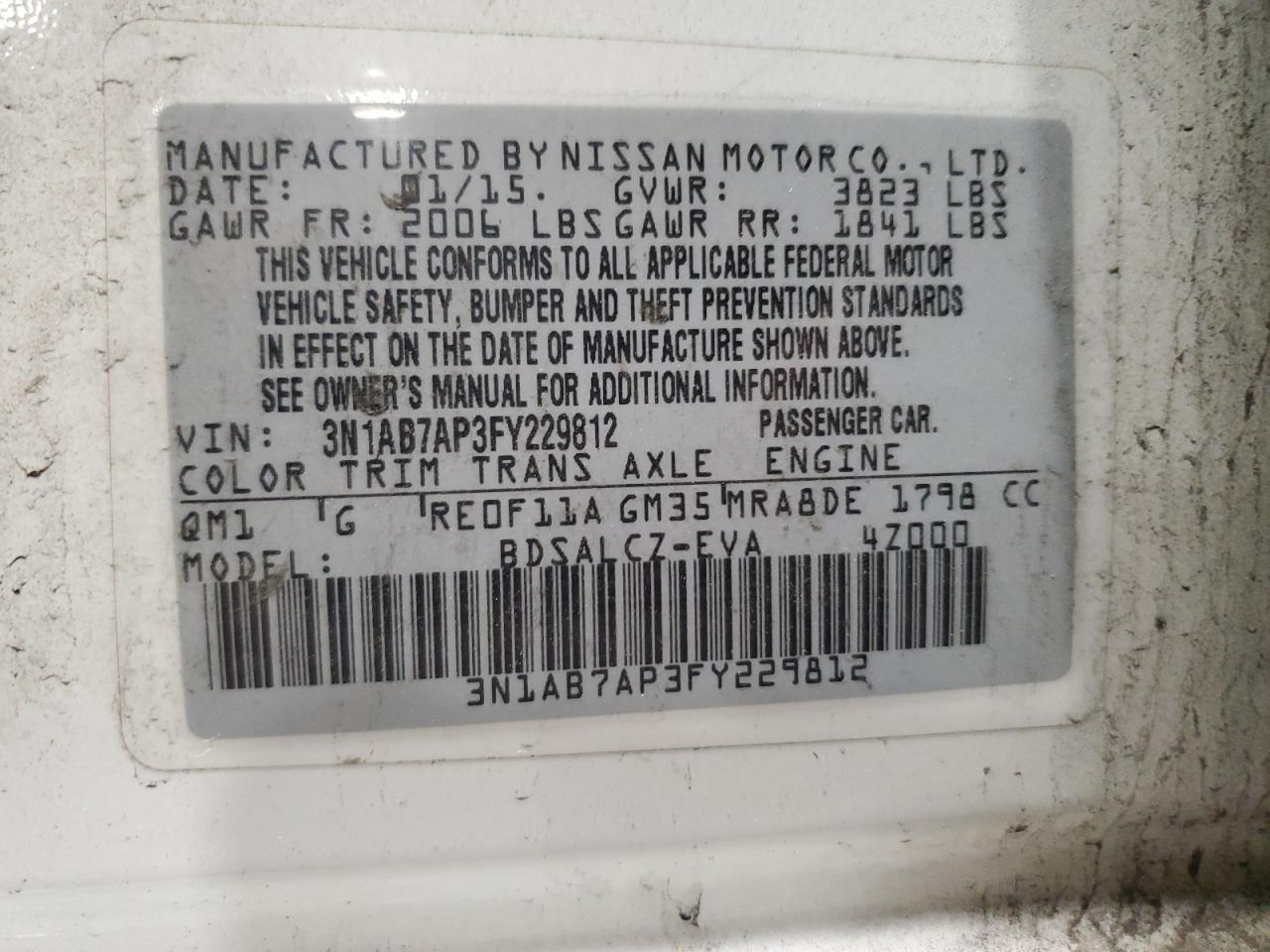 3N1AB7AP3FY229812 2015 Nissan Sentra S