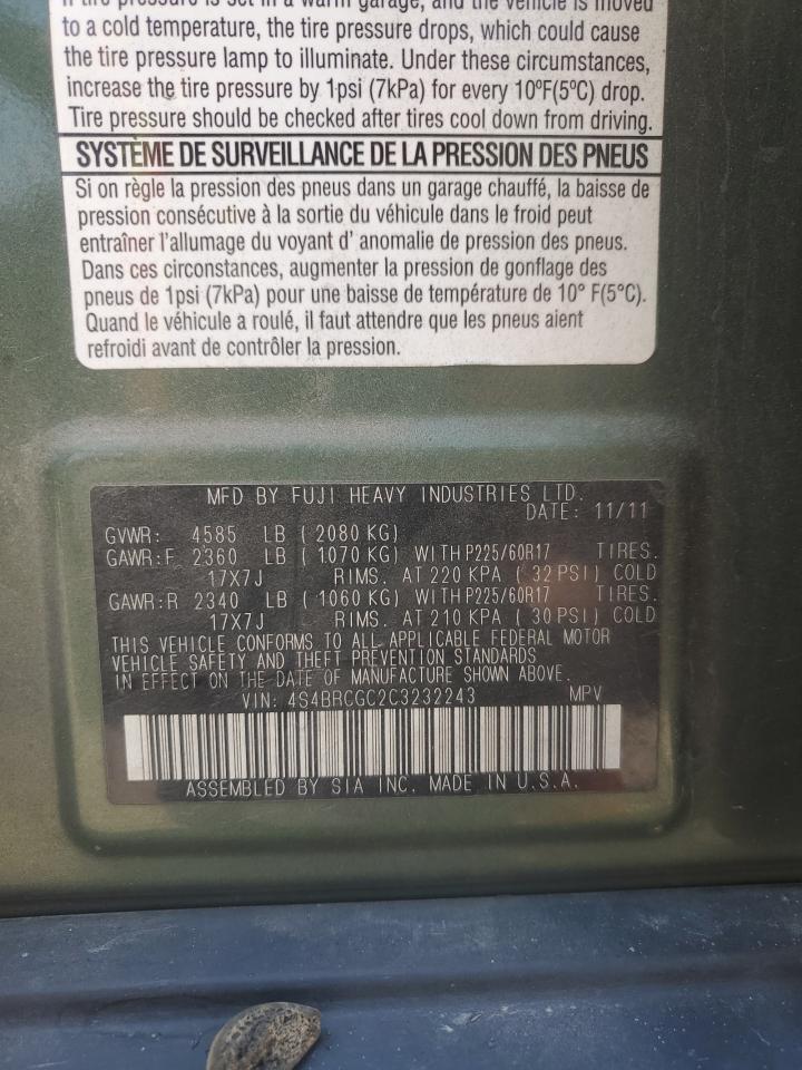 4S4BRCGC2C3232243 2012 Subaru Outback 2.5I Premium