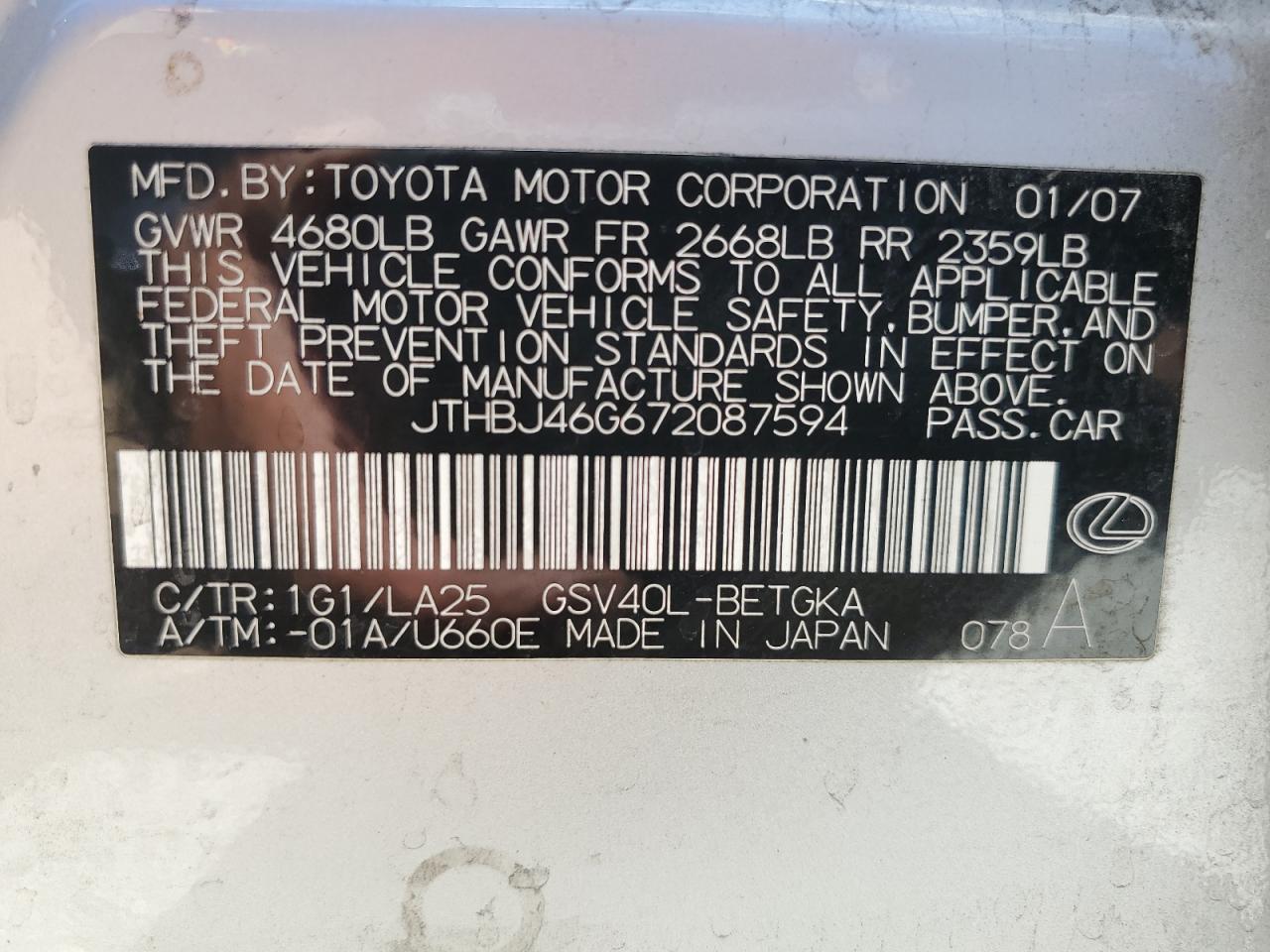 JTHBJ46G672087594 2007 Lexus Es 350