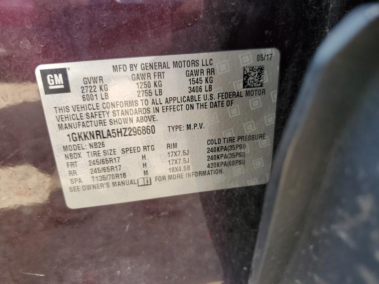 1GKKNRLA5HZ296860 2017 GMC Acadia Sle