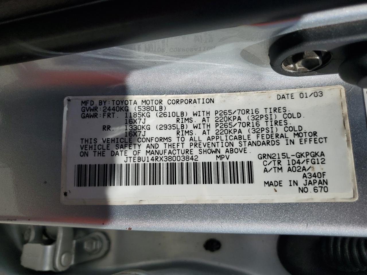 JTEBU14RX38003842 2003 Toyota 4Runner Sr5