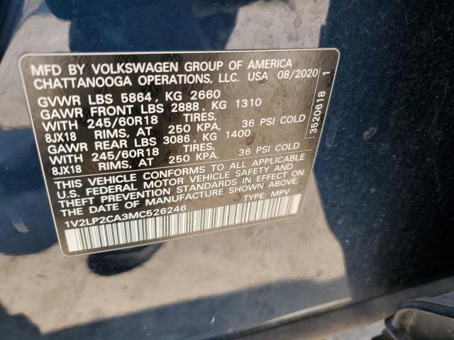 2021 Volkswagen Atlas Se VIN: 1V2LP2CA3MC526246 Lot: 62874434