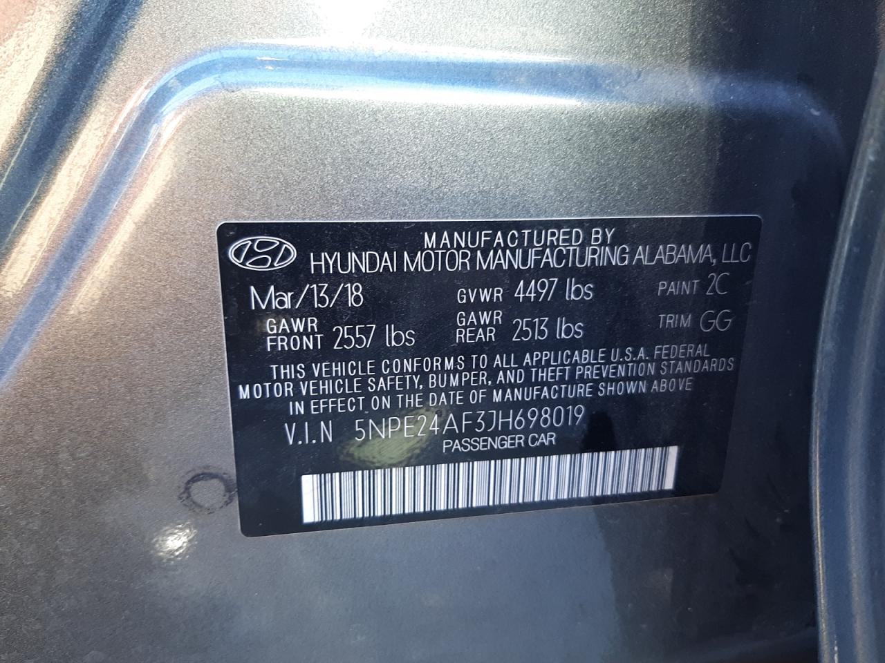 2018 Hyundai Sonata Se vin: 5NPE24AF3JH698019