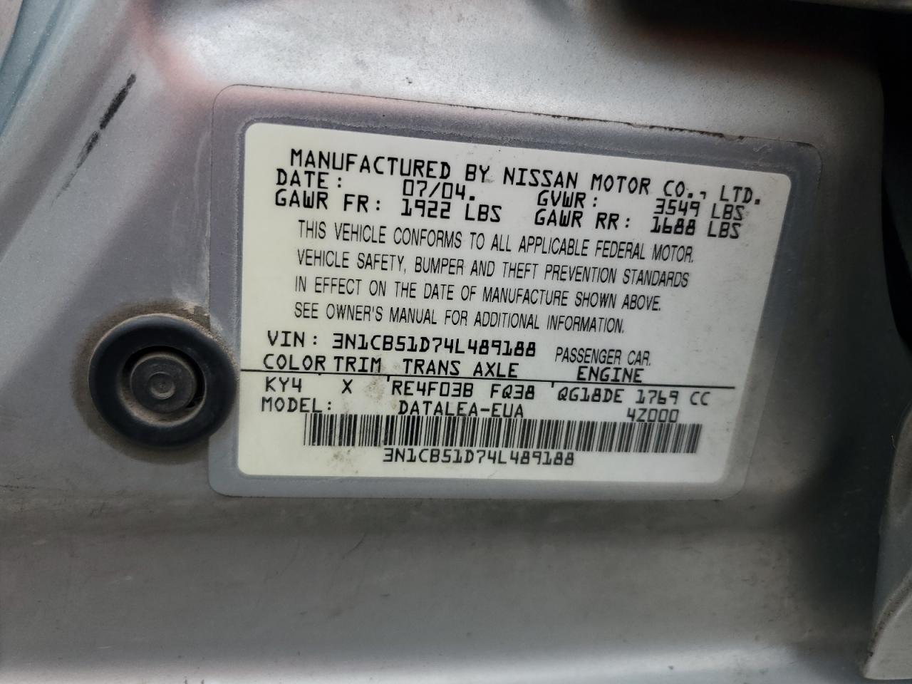 3N1CB51D74L489188 2004 Nissan Sentra 1.8