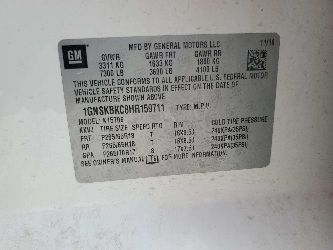 1GNSKBKC8HR159711 2017 Chevrolet Tahoe K1500 Lt