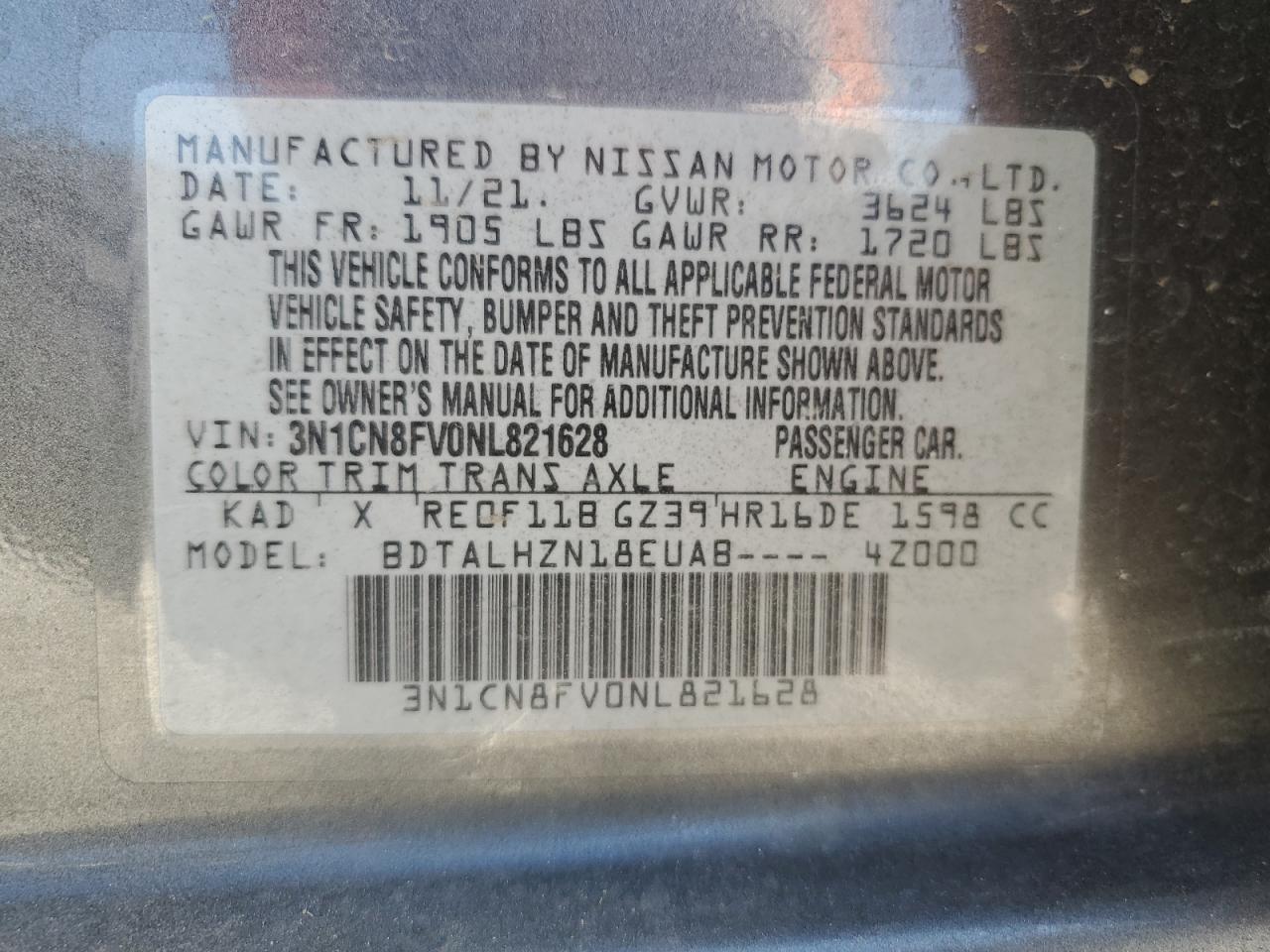 3N1CN8FV0NL821628 2022 Nissan Versa Sr