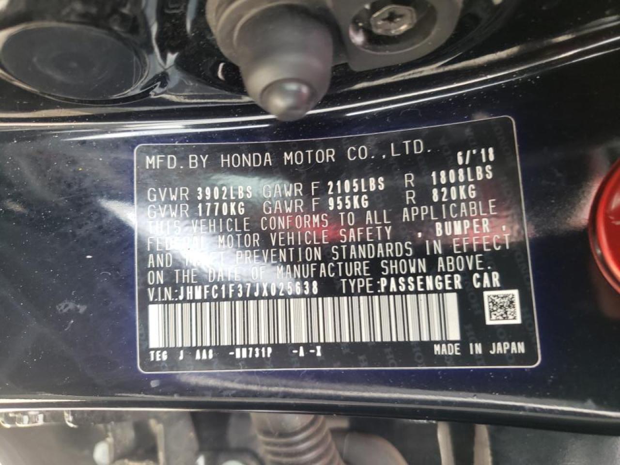 JHMFC1F37JX025638 2018 Honda Civic Ex