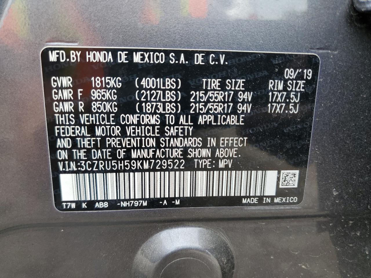 3CZRU5H59KM729522 2019 Honda Hr-V Ex