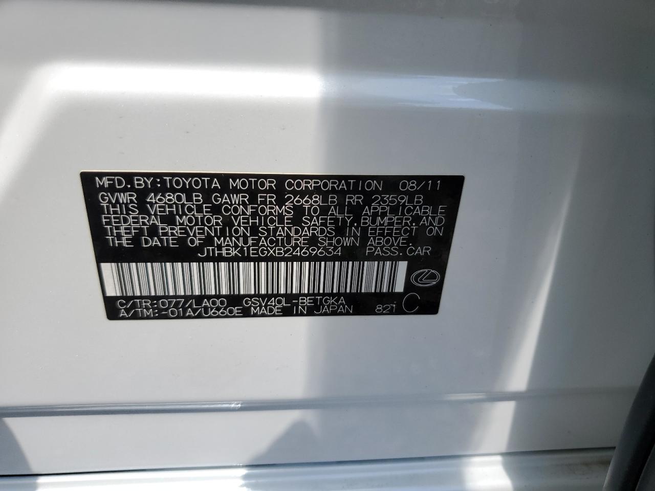 JTHBK1EGXB2469634 2011 Lexus Es 350